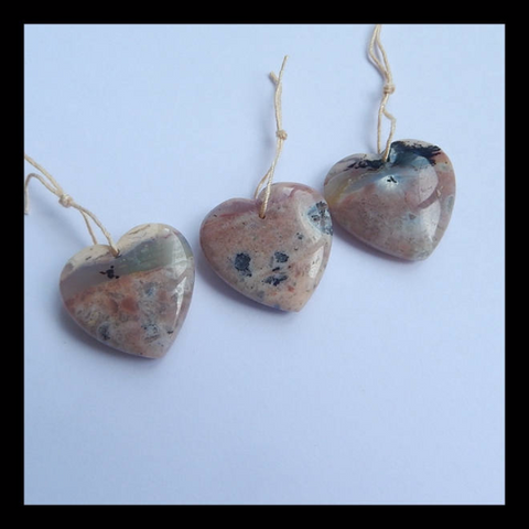 3 pcs Ocean Jasper Gemstone, Heart Pendant With Heart Pendant Beads, 24x25x7mm, 24x25x6mm, 17.4g - MyGemGarden