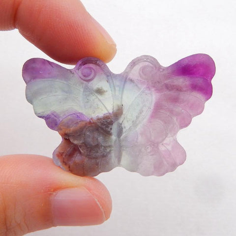 Handmade Carved Fluorite Butterfly Gemstone Cabochon, 39x25x6mm, 11.9g