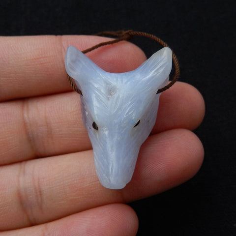 Handmade Blue Lace Agate Carved Wolf Head Pendant Stone, 30x23x12mm, 8.7g - MyGemGarden