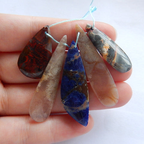 5 pcs Natural Warring States Agate, African Sodalite, Indonese Fossil And Picasso Jasper pendants Beads41x10x3mm 25x15x4mm 10.5g - MyGemGarden