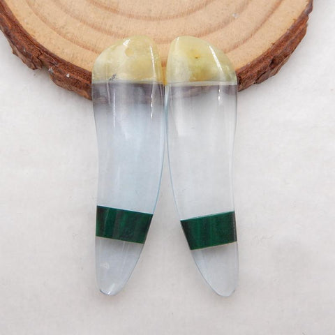 Yellow Opal, Malachite and Quartz Glued Gemstone Earrings Stone Pair, 44x12x5mm, 7.7g