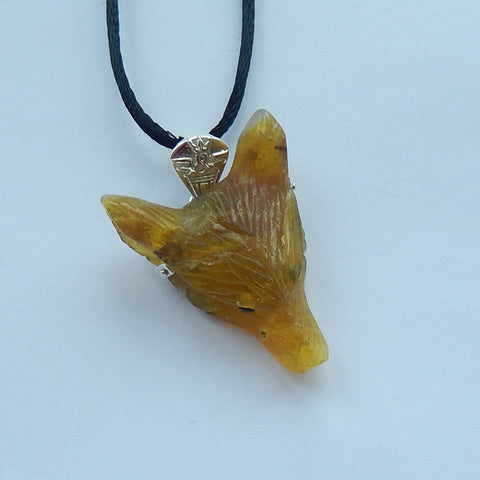 Yellow Opal Carved Wolf Head Necklace Pendant, 925 Sterling Silver Pinch Bail, 33x26x11mm, 9.6g - MyGemGarden