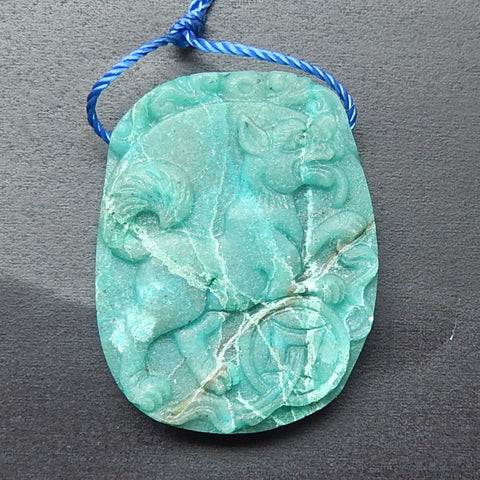 Beautiful Chrysocolla Carved Dog and Coin Pendant Bead, 35x27x7mm, 13.06g - MyGemGarden