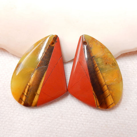 Yellow Opal, Tiger-Eye And Red River Jasper Glued Gemstone Earrings Stone Pair, 27x20x4.5mm, 6.5g - MyGemGarden