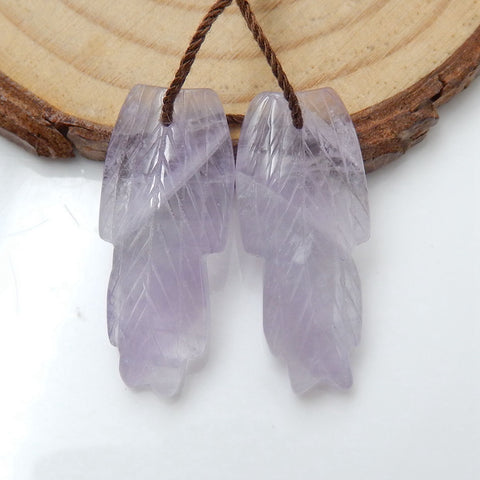 New! Hand Carved Amethyst Feather Earrings Pair, Natural Stone, 26x11x4mm, 4.4g - MyGemGarden