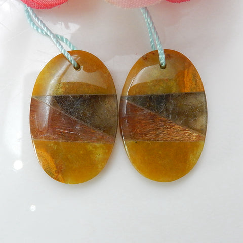 Yellow opal, Labradorite and Sunstone Oval Glued Gemstone Earrings Pair, 26x17x4mm, 5.7g - MyGemGarden