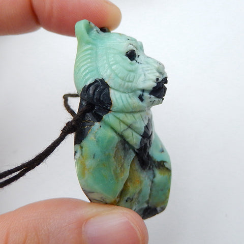 Unique Green Turquoise Handmade carved Tiger head pendant bead, 50x30x19mm, 26.7g - MyGemGarden