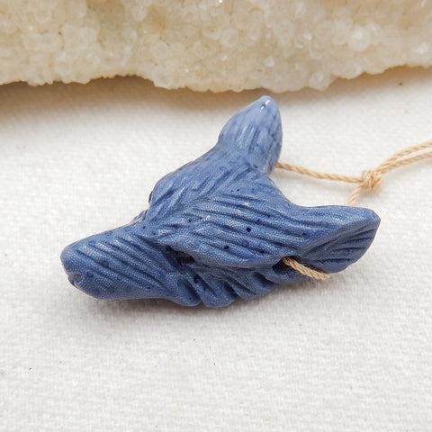 Handmade Blue Coral Carved Wolf Head Pendant Bead, 33x24x11mm, 8.2g - MyGemGarden