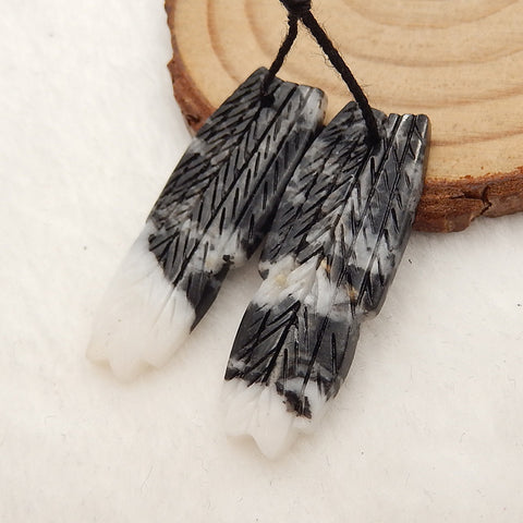 White Zabra Jasper Carved Feather Shaped Earrings Stone Pair, 35x15x3mm, 5.5g