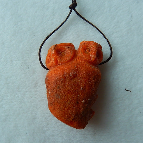 Beautiful New Design Orange Fossil Coral Carved Owl Drilled Pendant, 41x26x17mm, 21.2g - MyGemGarden