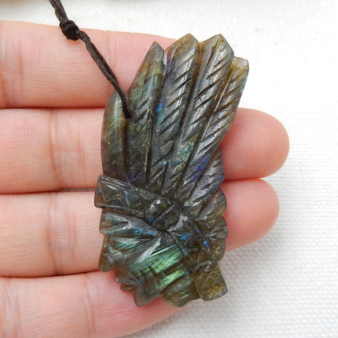 Carved Natural Labradorite Gemstone Indian Head Pendant, 48x23x6mm, 10.8g - MyGemGarden