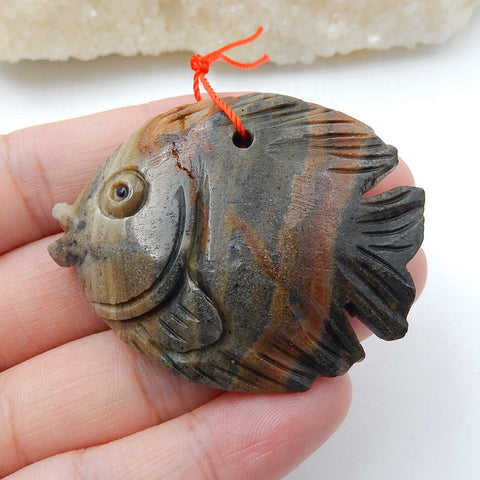 Carved Ocean Jasper Fish Pendant, Natural Stone, 47x38x13mm, 29.5g - MyGemGarden