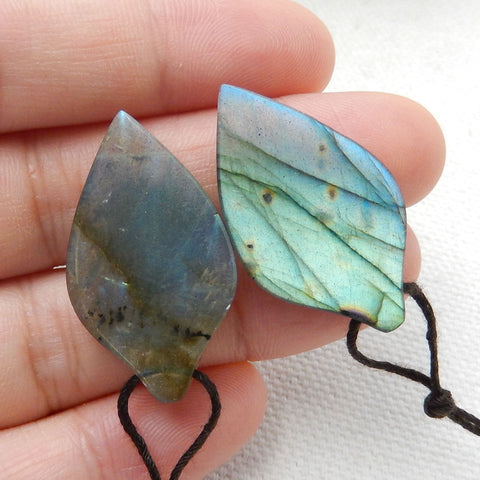 Hot sale Labradorite Carved leaf Earrings Pair, 29x17x4mm, 6.1g - MyGemGarden