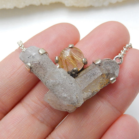 Sterling Silver 925 With Gold Rutilated Quartz Intarsia Gemstone Pendant, 12.4g - MyGemGarden