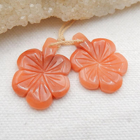 Red Aventurine Carved flower Earrings Stone Pair, stone for earrings making, 28x21x3mm, 5.5g - MyGemGarden