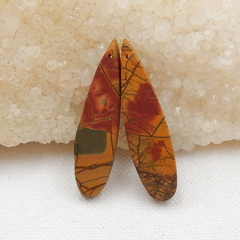 Multicolor Picasso Jasper and White Quartz Glued Gemstone Earrings Stone Pair, 42x10x6mm, 7.8g - MyGemGarden