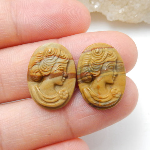 Carved Multicolor Picasso Jasper Woman Gemstone Cabochon Pair, 18x23x4mm, 3.2g - MyGemGarden