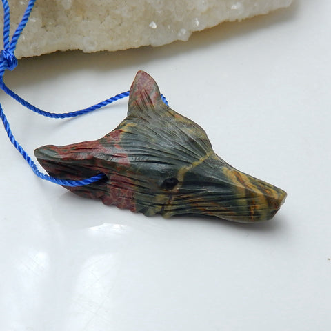 Handmade Multi-Color Picasso jasper Carved Wolf Head Pendant Bead, 40x28x10mm, 7.1g - MyGemGarden