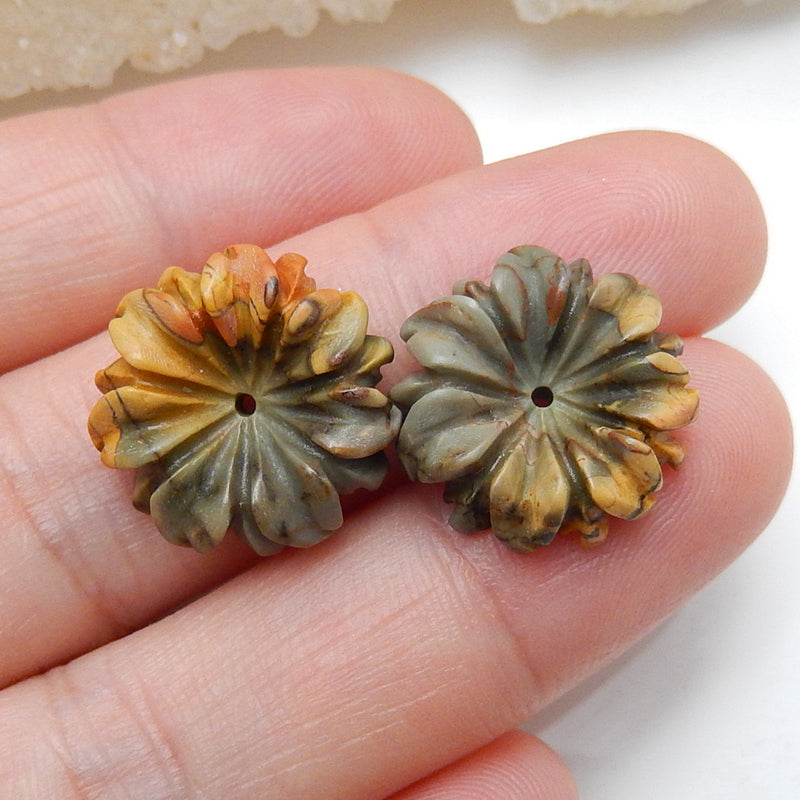 Hot sale Multi-Color Picasso jasper Carved Flower Earrings Pair, stone for Earrings making, 16x5mm, 2.7g - MyGemGarden