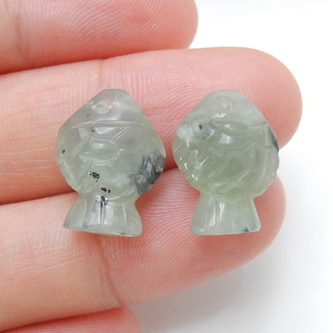 Handmade, Selling, 2 Pcs Carved Nephrite Jade Gemstone Fish Gemstone Cabochons, 15x12x6mm, 2.3g - MyGemGarden