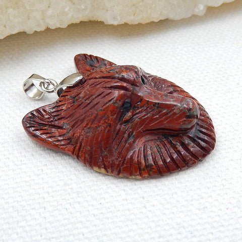 Carved Fox head African Blood Stone Gemstone Pendant, 925 Sterling Silver Buckle.33x26x11mm, 11.1g - MyGemGarden