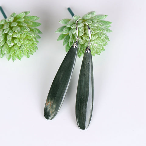 New design Green Wood Fossil Drilled Teardrop Earrings , 925 Sterling Silver Eindings, 56x12x4mm, 11.0g - MyGemGarden