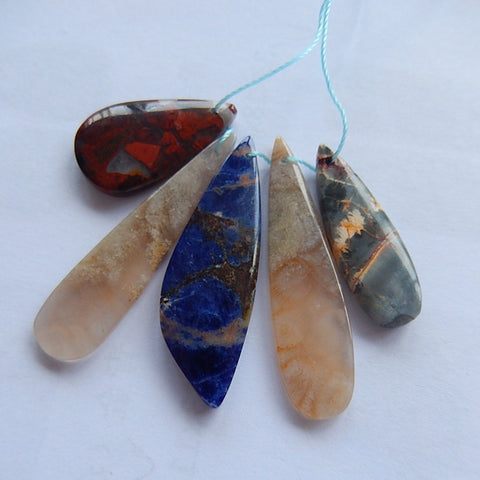 5 pcs Natural Warring States Agate, African Sodalite, Indonese Fossil And Picasso Jasper pendants Beads41x10x3mm 25x15x4mm 10.5g - MyGemGarden