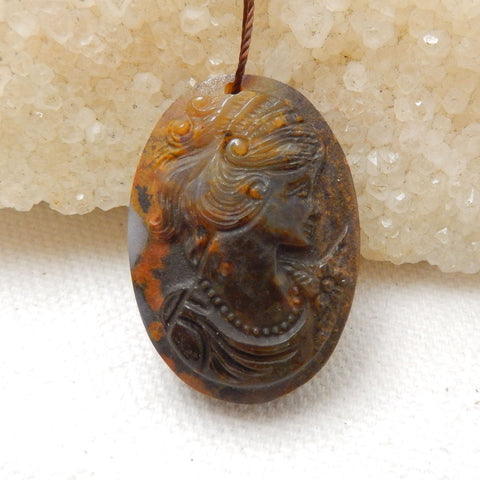 Handmade Ocean Jasper Carving Woman Head Gemstone Pendant Bead, 31x21x8mm, 9.4g - MyGemGarden