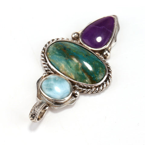 Sterling Silver 925 With Blue opal, Sugilite and larimar Gemstone Pendant, Gorgeous Pendant, 10.6g - MyGemGarden