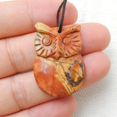 Hand Carved Multi-Color Picasso Jasper Gemstone Owl Pendant Bead, 30x21x4mm, 4.2g - MyGemGarden