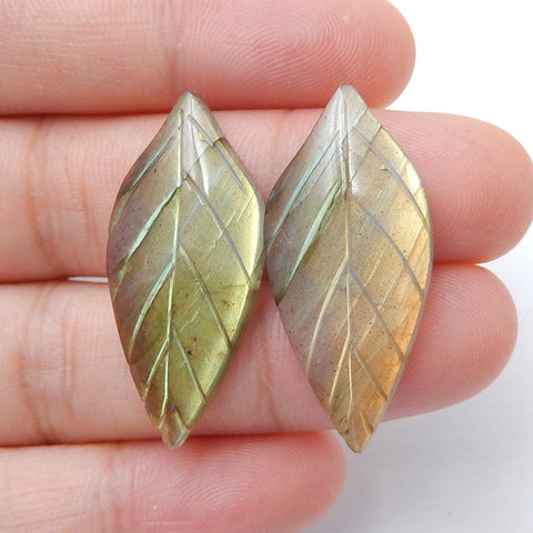 Hand Carved Natural Labradorite Leaf Gemstone Cabochon Pair, 30x13x4mm, 4.6g - MyGemGarden