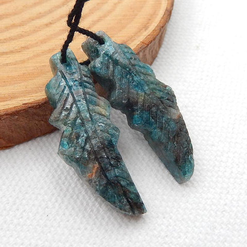 Carved Blue Apatite Crystal Leaf Earrings Stone Pair, 31x11x5mm, 5.7g