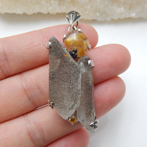 New Design, Handmade Jewelry Silver 925 Nugget Quartz And Gold Rutilated Quartz Necklace Pendant, 37x16x13mm, 13.2g(f0810) - MyGemGarden