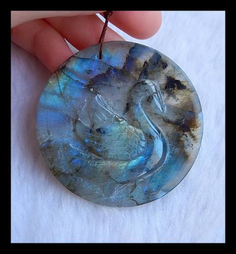 New Design, Hand Carved Labradorite Swan Gemstone Pendant Bead, 50x5mm, 20.9g - MyGemGarden