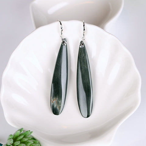 New design Green Wood Fossil Drilled Teardrop Earrings , 925 Sterling Silver Eindings, 56x12x4mm, 11.0g - MyGemGarden