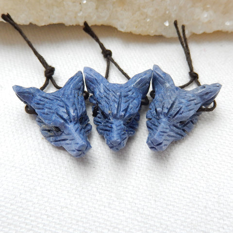 3 PCS Fashion Handcarved Natural blue Fossil coral Wolf Head Pendant Bead Animal Pendant Carving Gemstone, 25x19x9mm, 10.9g - MyGemGarden