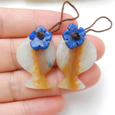 New Natural Gemstone Carved fish Amazonite with lapis lazuli ntarsia fashion Gemstone Earrings Pairs, 28x18x3mm, 10x10x2mm, 7g - MyGemGarden