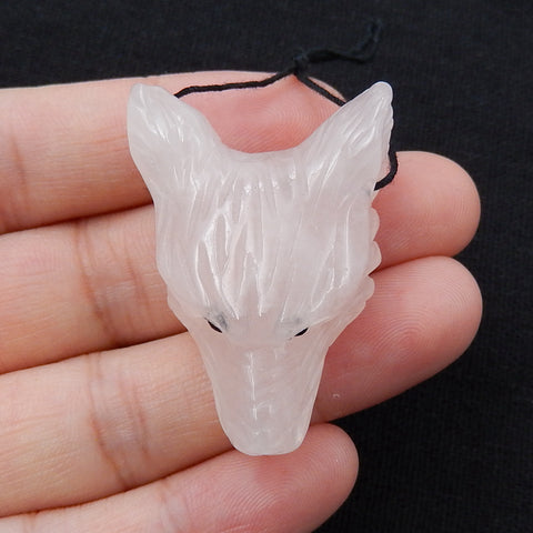 Handmade Rose Quartz Carved Wolf Head Pendant Bead, 37x27x13mm, 13.8g - MyGemGarden