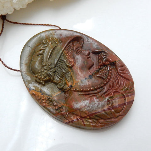 Handmade Multi-Color Picasso jasper Carving woman head Gemstone Pendant Bead, 41x30x6mm, 11.8g - MyGemGarden