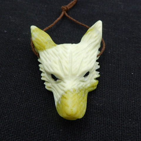 Handmade Serpentine Carved Wolf Head Pendant Bead, 42x30x14mm, 15.2g - MyGemGarden