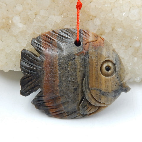 Carved Ocean Jasper Fish Pendant, Natural Stone, 47x38x13mm, 29.5g - MyGemGarden