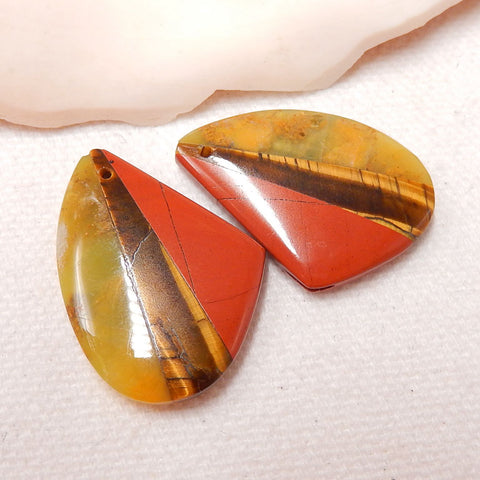 Yellow Opal, Tiger-Eye And Red River Jasper Glued Gemstone Earrings Stone Pair, 27x20x4.5mm, 6.5g - MyGemGarden