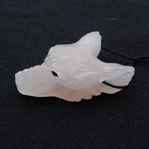 Handmade Rose Quartz Carved Wolf Head Pendant Bead, 37x27x13mm, 13.8g - MyGemGarden