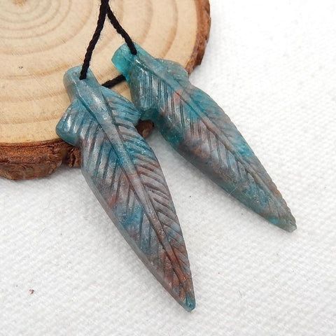 Carved Blue Apatite Leaf Earrings, 40x12x5mm, 6.9g - MyGemGarden