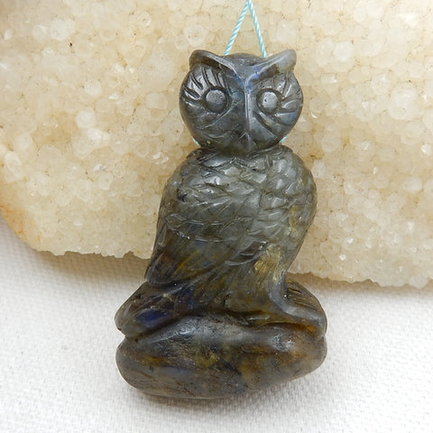 Carved Labradorite Owl Pendant Bead, 53x32x12mm, 29g - MyGemGarden