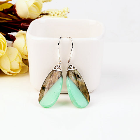 Hot Sale Natural Stone Chrysoprase And Labradorite intarsia 925 Sterling Silver Handmade Earrings 33x15x4mm 6.6g - MyGemGarden