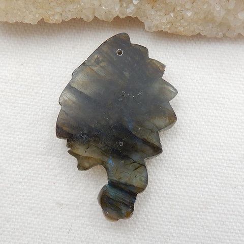 Vintage Hand Carved Labradorite Gemstone Indian Head Pendant , 48x30x8mm, 12.7g - MyGemGarden