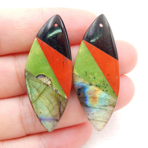 Labradorite, Red River Jasper, Obsidian, Serpentine Glued Earrings Stone Pair, 40x16x5mm, 8.9g