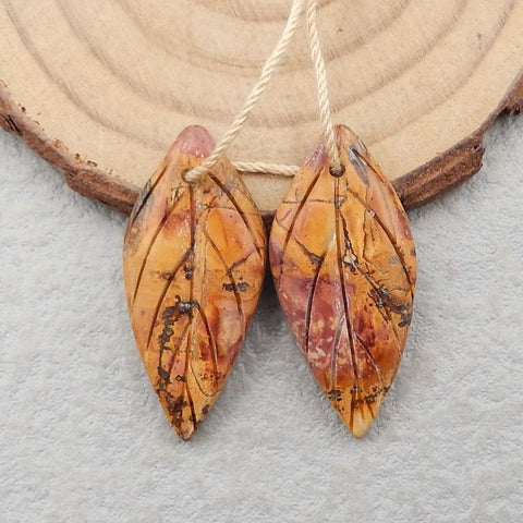 Natural Red Creek Jasper Carved leaf Earring Beads 31x14x5mm, 4.9g