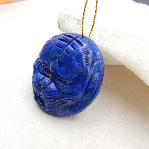 Natural Lapis Lazuli Cat Head Pendant Bead 45x45x12mm, 38.3g